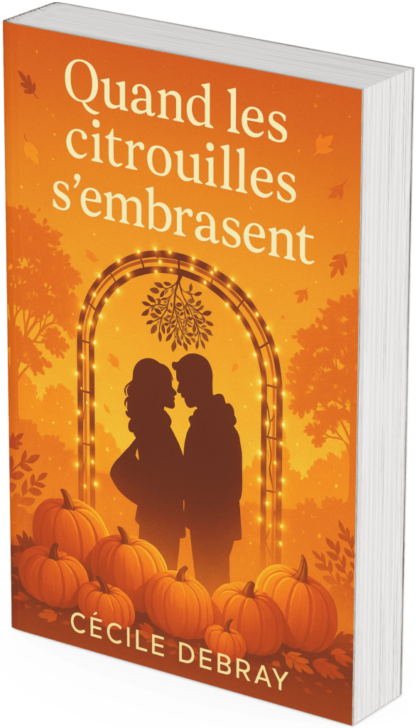 Couverture du roman Quand les citrouilles s’embrasent de Cécile Debray, romance feel good automnale avec des citrouilles et un couple sous une arche lumineuse.